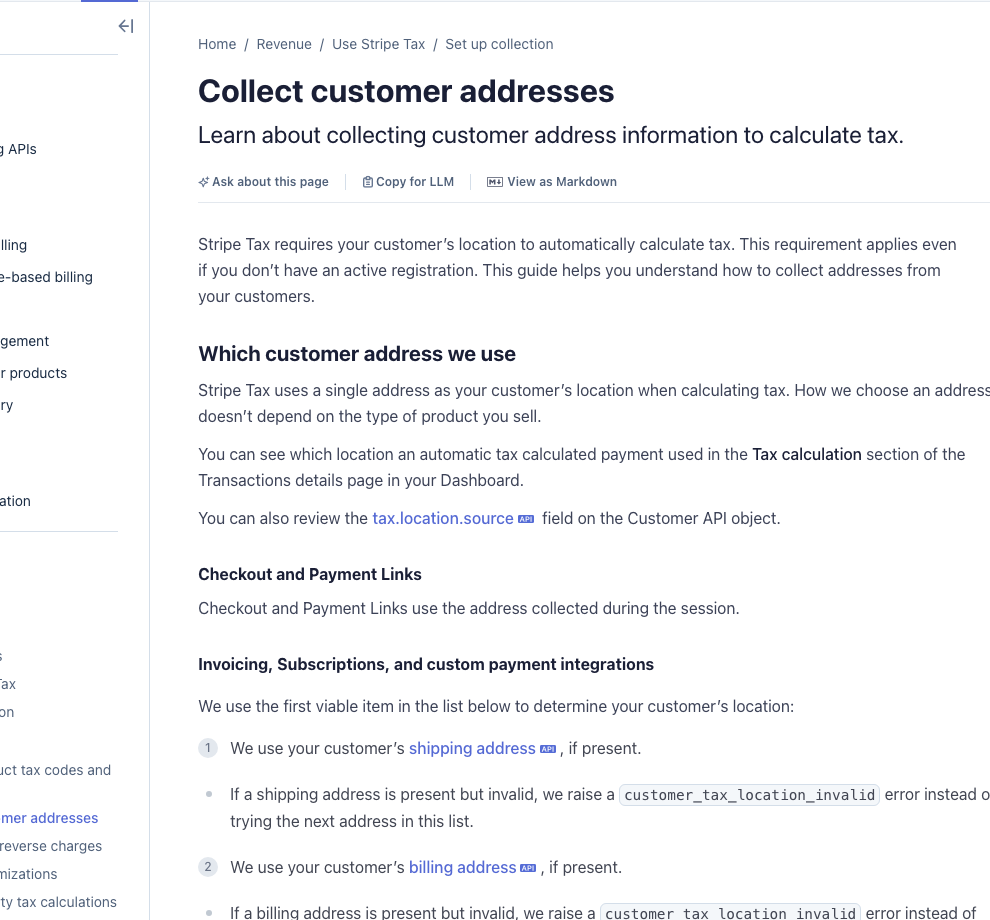 Stripe customer location 计税逻辑截图