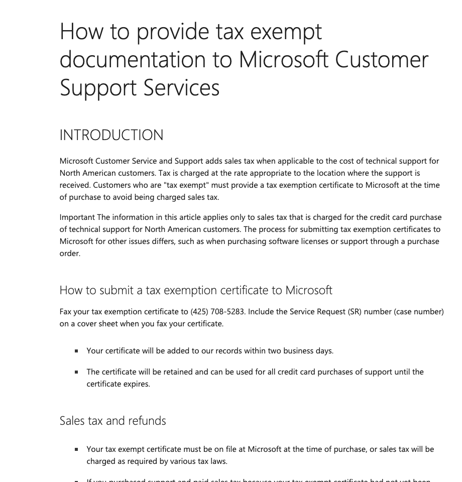 Microsoft 关于按支持服务地点计税的说明截图